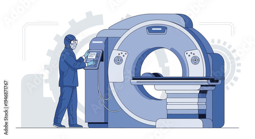 Doctor operating CT scanner machine for medical diagnosis and healthcare.