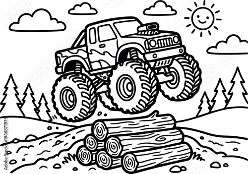 Black and white line art monster truck jumping over stacked logs off road with sun clouds and pine trees background