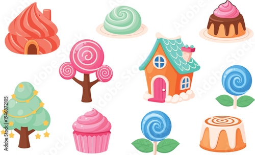 Cute Candy Land Cartoon Set with Lollipop Trees Sweet Houses Cupcake Candy Swirls and Dessert Fantasy Elements Vector Illustration