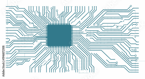 Detailed Microchip with Intricate Electronic Circuit Board Patterns in Teal Blue Background