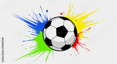 Dynamic Soccer Ball Exploding with Bright Colorful Paint Splashes on a Light Gray Background