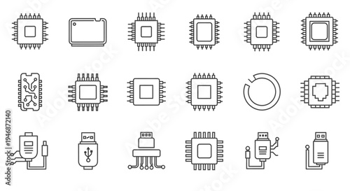 Collection of Electronic Device Line Icons Showing Microchips and Connectors on Isolated White Background
