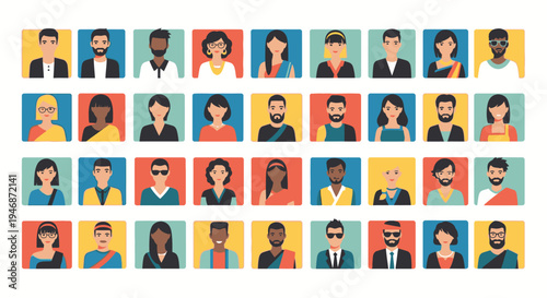 Diverse Group of People User Avatars with Various Hair and Skin Tones in Colorful Grid