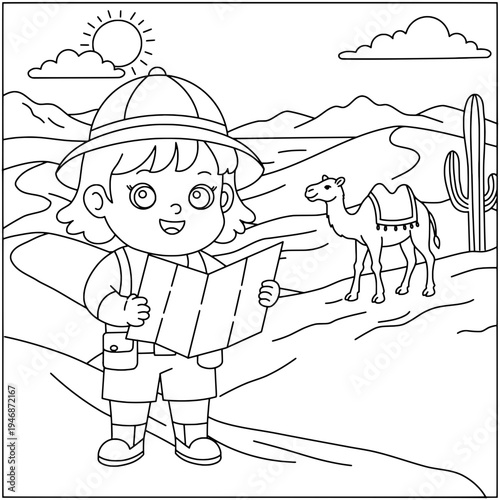 line art drawing of a cute little girl  traveller