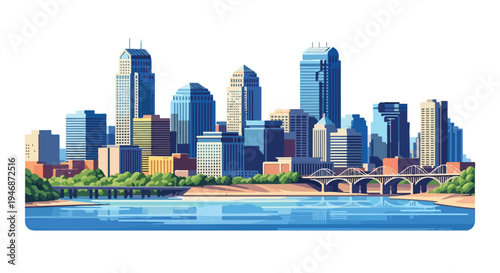 Illustration of a city skyline with a bridge over a body of water, featuring a collection of buildings and skyscrapers in various shades of blue, green, and brown, set against a white