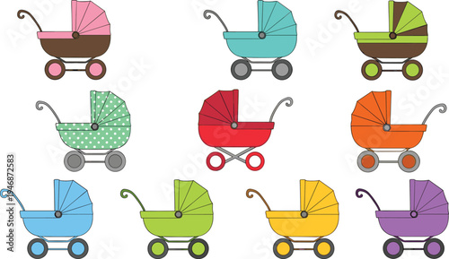 Baby Stroller Cartoon Set with Colorful Prams and Carriages for Newborn Transportation Cute Infant Buggy Collection Vector Illustration