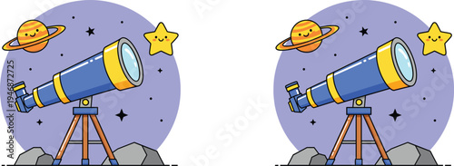 Black silhouette of family with children using telescopes for stargazing and astronomy education isolated on white background for science and night sky exploration.