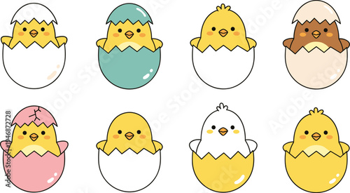 Cute Cartoon Chick Hatching from Egg Set with Baby Chicken in Different Eggshell Colors Adorable Easter Chick Vector Illustration Collection