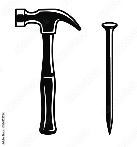 Claw hammer and nail illustration, showcasing a carpenter’s hammer striking a metal nail, perfect for woodworking, home improvement, and DIY project vector designs.