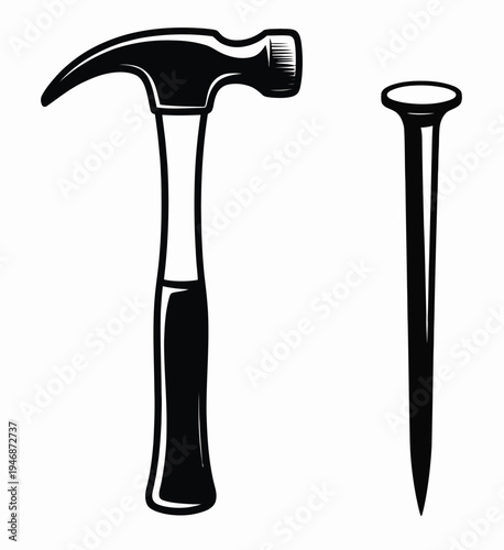 Claw hammer and nail vector illustration, featuring a carpenter’s hammer with metal nail, ideal for construction, woodworking, DIY, and tool-themed vector graphics.