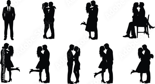 Collection of romantic couple silhouettes kissing, hugging and standing together, including seated couple and single man, isolated on light background for love concept