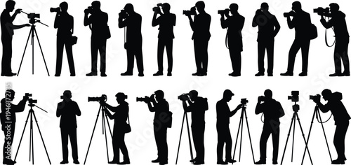 Black silhouette of professional photographers and videographers using cameras and tripods for media production isolated on white background