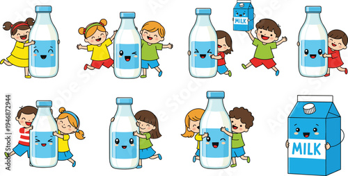 Cute Cartoon Milk Bottle Character Set with Happy Kids Drinking Milk Healthy Dairy Drink Mascot Collection Vector Illustration
