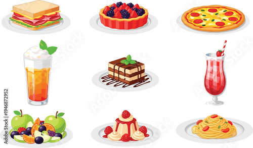 Delicious Food and Dessert Cartoon Set with Sandwich Pizza Cake Pasta Fruit Salad and Refreshing Drinks Vector Illustration Collection