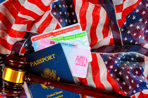 Document collection for immigration process in United States on an American flag