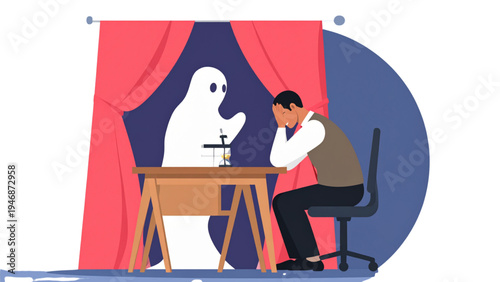 Business Fear Concept with Scared Businessman Facing Spooky Phantom Shadow, Symbol of Financial Crisis, Stress and Uncertainty