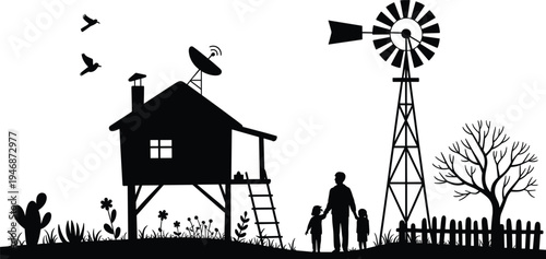 Black silhouette of rural farm landscape with family house windmill and birds for country life agriculture and rustic outdoor nature graphic design