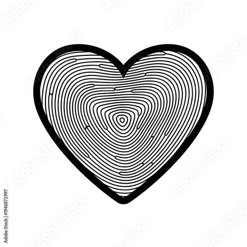 Heart Fingerprint Artwork: Unique Love Identity Illustration Featuring Patterned Fingerprint in Heart Shape, Romantic Symbol for Valentine's Day with Bold Black Outline