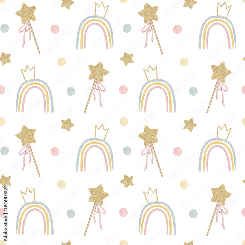 Obraz premium Watercolor rainbow wand crown seamless pattern background. Pastel magic princess nursery wallpaper. Gold star cute baby girl birthday textile.