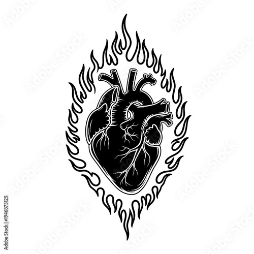 Human Heart Ablaze Vector Illustration: Anatomical Organ Burning in Flames Tattoo, Black and White Medical Artwork Exploding with Fiery Passion, Ideal for Healthcare Designs, Gothic Style Pathology 