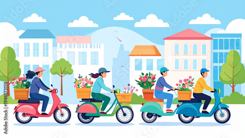 City Flower Delivery Service Vector Illustration Collection with Couriers Transporting Bouquets by Bicycle, Scooter and Moped