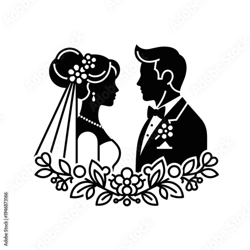 Elegant Wedding Silhouette: Bride and Groom in Celebration, Embracing Romance and Commitment with Floral Design, Ideal for Invitations, Cards, and Decor in Classic Vector Style, Perfect for Wedding Pl