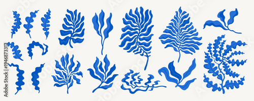 Wavy abstract leaf and floral shapes in blue, groovy organic plants. Flower l...