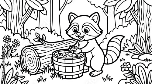 Cute smiling raccoon washing berries in wooden bucket surrounded by bushes flowers and trees in cartoon forest scene