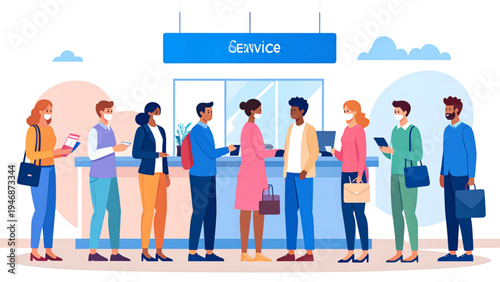 Queue of Customers at Public Transport Ticket Office, Flat Vector Set of People Waiting to Buy Passes at Payment Counter