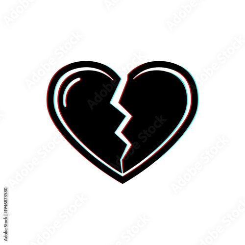 Symbolism of Broken Hearted Romance: Black Flat Vector Design in Modern Abstract Style on White Backdrop Illustrating Depression, Sadness, Loss, and Emotional Pain. Ideal for Valentine's Day Card and