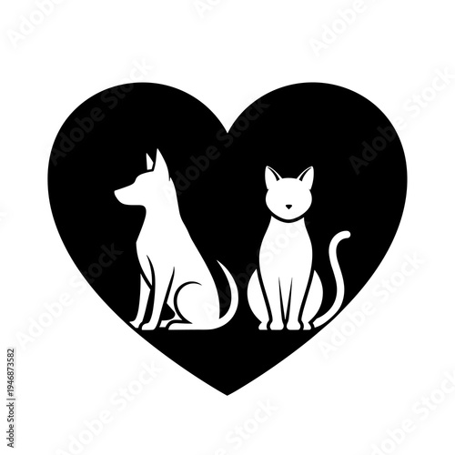 Heartwarming Pets Illustration: Dog and Cat Sitting Together Inside a Heart - Affectionate Companions in Black and White, Pet Adoption, Veterinary Graphics, Canine & Feline Friendship, Animal Lovers D