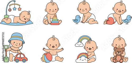 Cute Baby Cartoon Character Set with Different Activities Playing Toys Crawling Sitting and Sleeping Adorable Infant Vector Illustration Collection