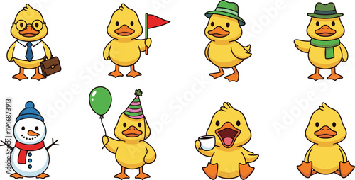 Cute Cartoon Duck Character Set with Different Costumes and Poses Including Business Duck Party Duck Winter Duck and Sitting Duck Vector Illustration