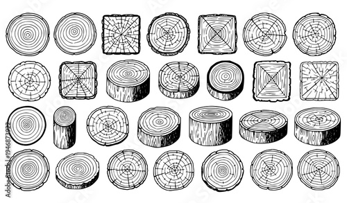 Decorative wood tree rings and stump cross section outline textures hand drawn vector set