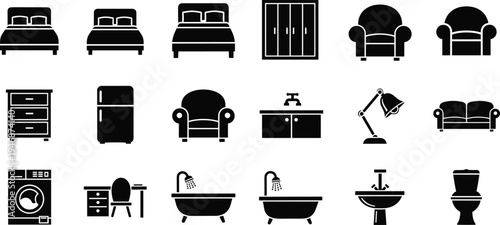 Black and White Home Furniture and Interior Icon Set Featuring Beds Sofas Wardrobes Appliances Bathroom Fixtures and Office Desks in Minimalist Vector Silhouette Style DesignBlack 