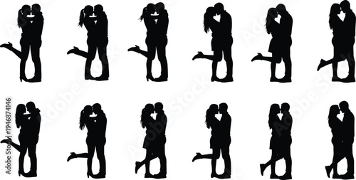 Romantic couple kissing and hugging silhouettes collection, lovers embracing poses isolated on light background for love, relationship, wedding and Valentine concept