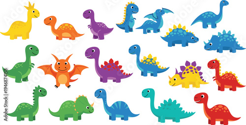 Cute Cartoon Dinosaur Set with Colorful Baby Dinosaurs Including Stegosaurus Triceratops Pterodactyl and Brontosaurus Kids Vector Illustration Collection