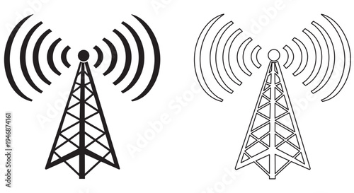 signal transmission tower vector silhouette. Wireless Broadcast Antenna with Signal Waves in Outline and Solid Vector icon line act 