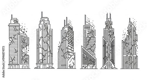 Ruined Cityscape - A Collection of Damaged Building Illustrations.