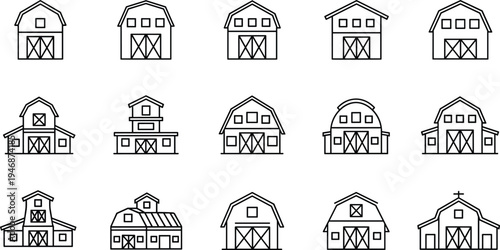 Black and White Farm Barn Line Icon Set Featuring Minimalist Outlined Rural Granaries Agricultural Buildings and Countryside Sheds for Organic Farming  