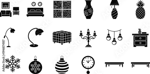 Home decor and furnishing icon collection featuring window, vase, ottoman, candelabra, light fixture, ornament, and wall clock, perfect for interior design, decoration, and creative projects.