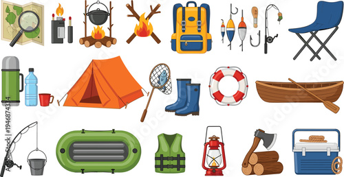 Camping and Fishing Equipment Cartoon Set with Tent Backpack Boat Lantern Campfire Map Cooler and Outdoor Adventure Gear Vector Illustration