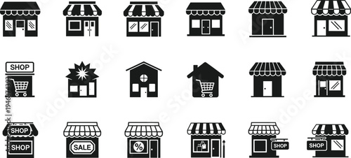 Black and White Retail Store Icon Set Featuring Various Shop Fronts Awnings Market Stalls Shopping Carts Sale Signs and Commercial Building Silhouettes for Ecommerce Vector Graphics