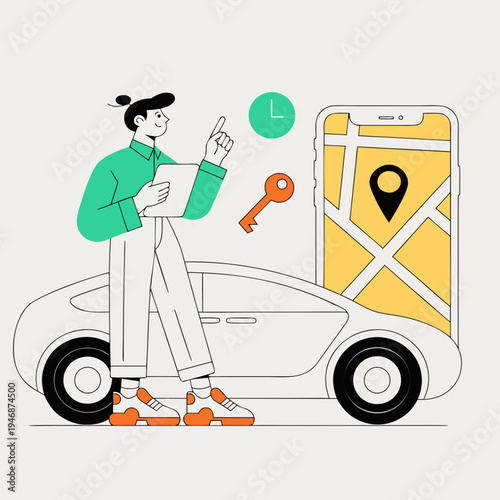 Car sharing and ride hailing service app with map navigation and key