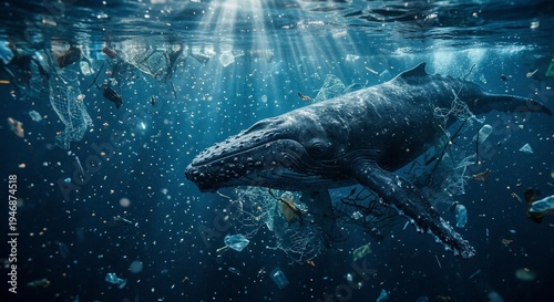 Great whale swimming underwater with a dolphin in the blue ocean near a coral reef