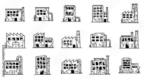 Collection of Distressed Industrial Buildings in Black and White.