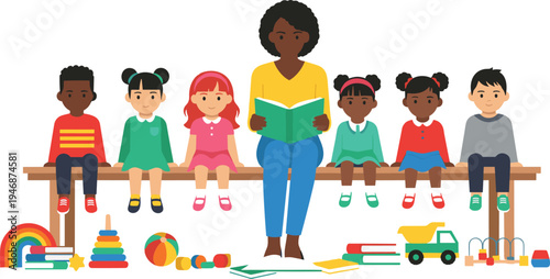 Teacher Reading Book to Diverse Kids Sitting Together in Classroom with Educational Toys and Books Cartoon Vector Illustration