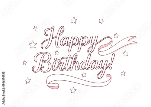 Elegant Happy Birthday script with decorative ribbon and sparkling stars for celebratory greetings