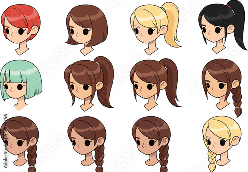 Cute Girl Hairstyles Cartoon Set with Ponytail Braids Short Hair and Different Female Haircuts Character Head Collection Vector Illustration