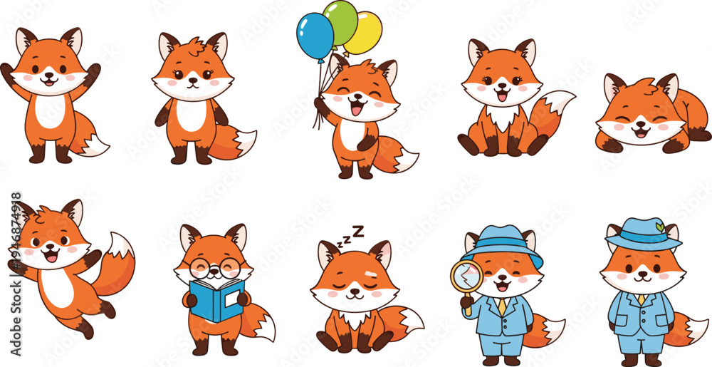 Fototapeta premium Cute Cartoon Fox Character Set with Different Poses Reading Book Holding Balloons Sitting Running and Detective Costume Vector Illustration Collection